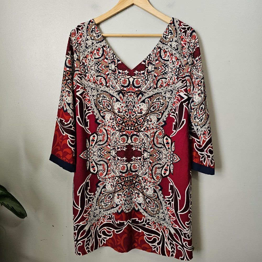 EUC LIKE NEW PINK OWL BOHO PRINT DOUBLE V NECK SHIFT DRESS SIZE M